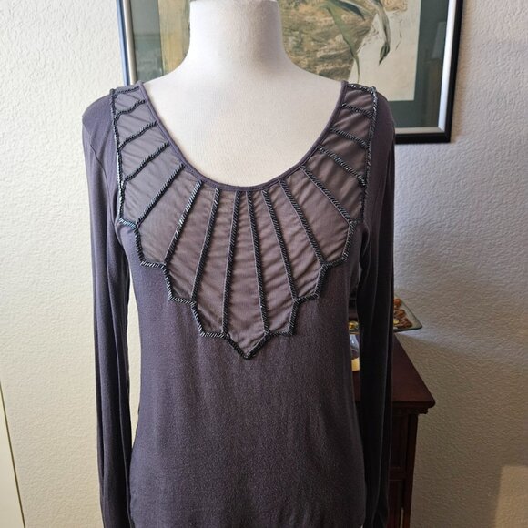 BKE Buckle Grey Top with Beaded Front and Back Size Large - Picture 6 of 7